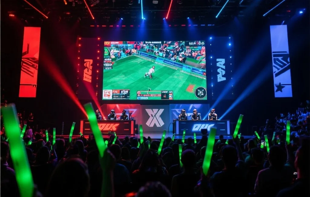 电竞比赛现场，选手神情专注，全场观众挥舞荧光棒，巨型显示屏上实时转播激烈比赛