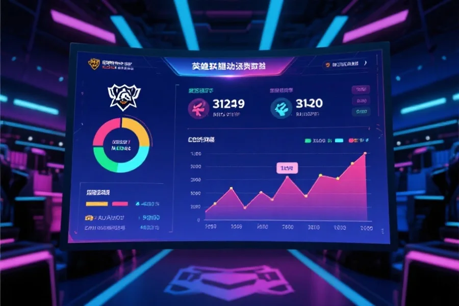 动态数据面板展示英雄联盟战队近期胜率、击杀数、经济图表，背景为虚拟电竞场馆